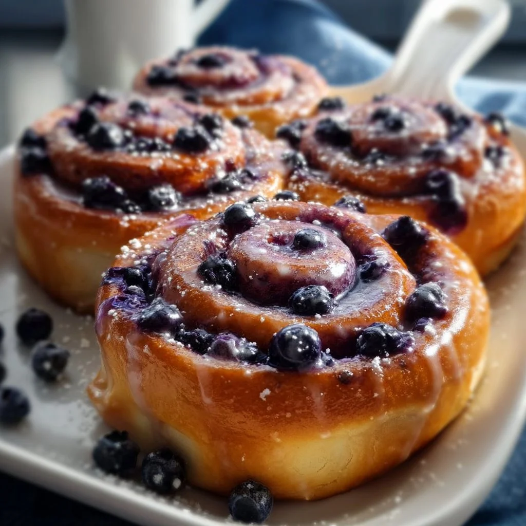 Freshly baked blueberry cinnamon rolls with icing on top