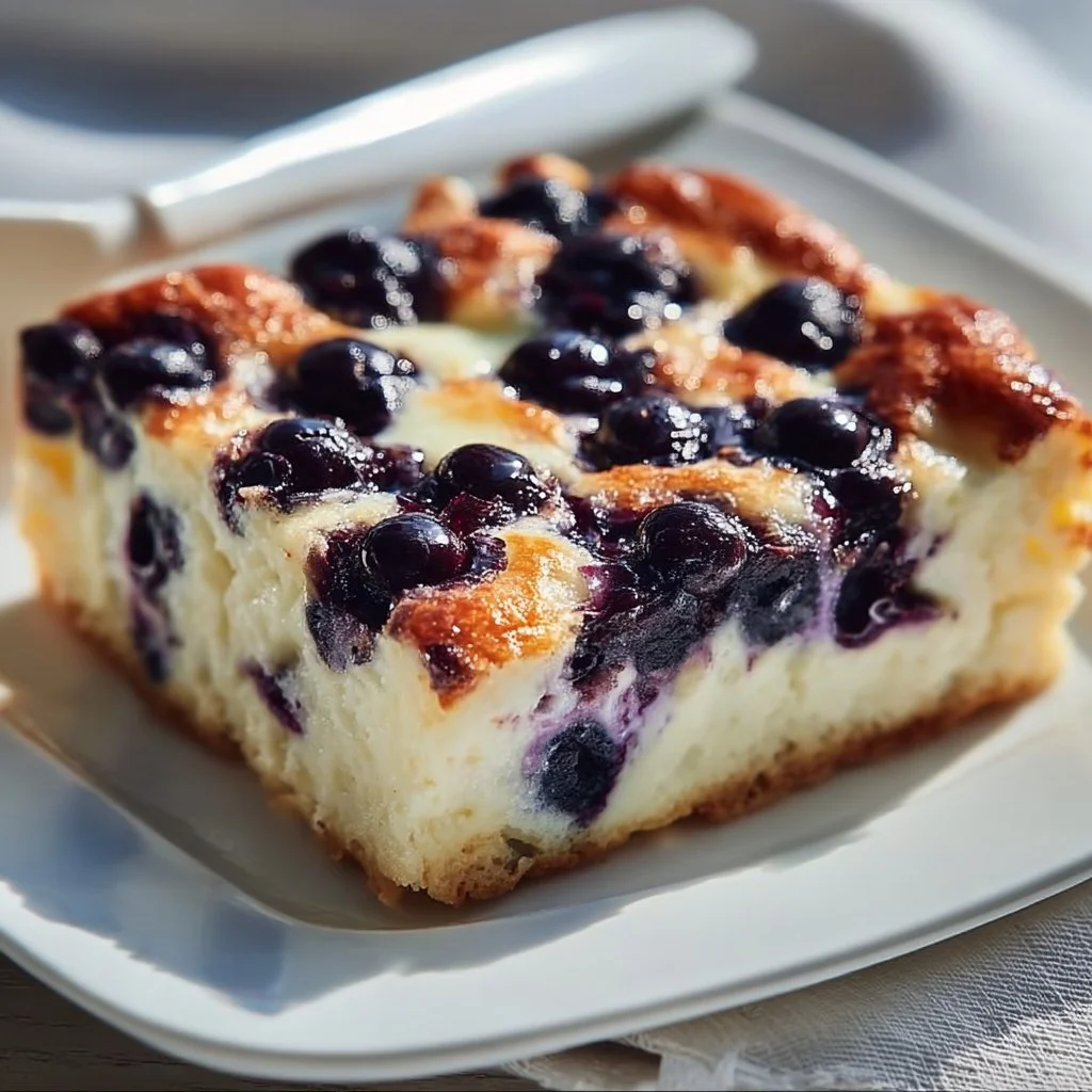 Delicious Blueberry Cottage Cheese Breakfast Bake topped with fresh blueberries.
