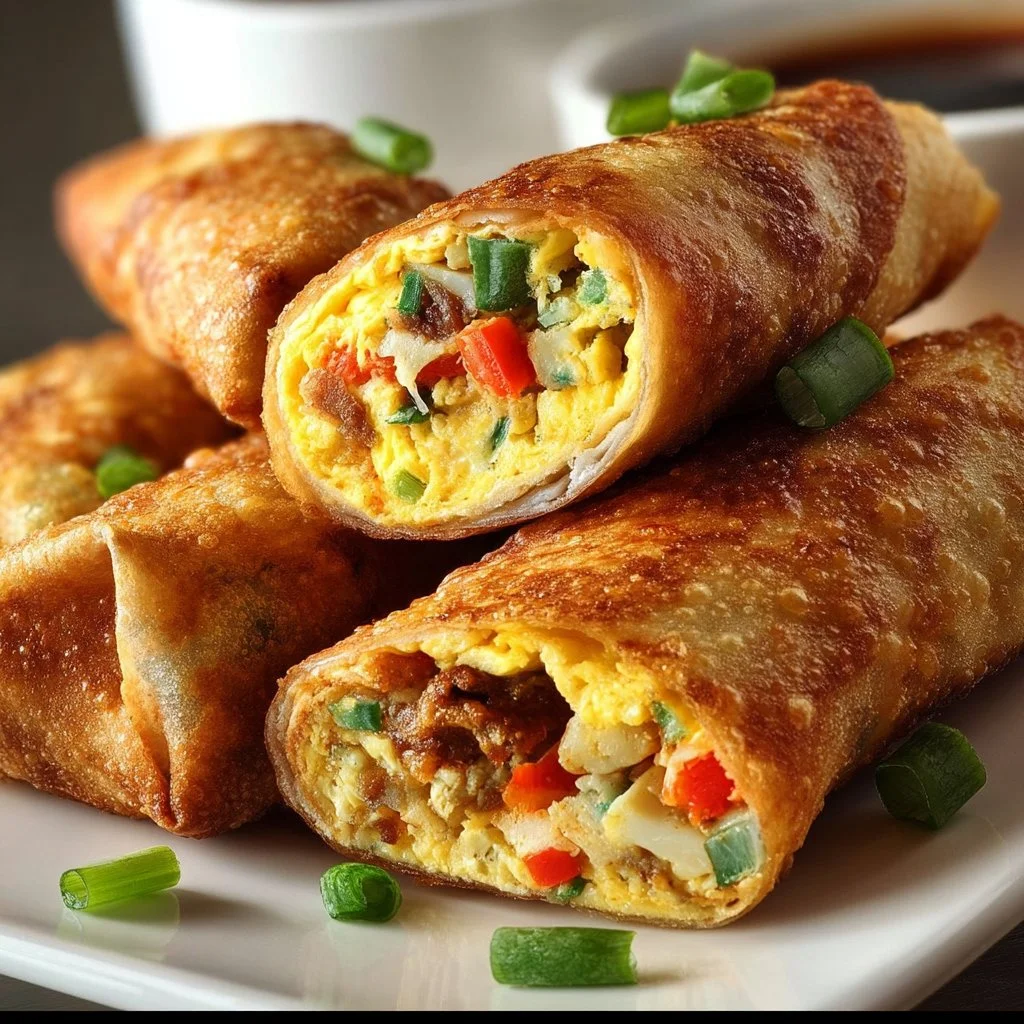 Savory breakfast egg rolls filled with eggs and vegetables