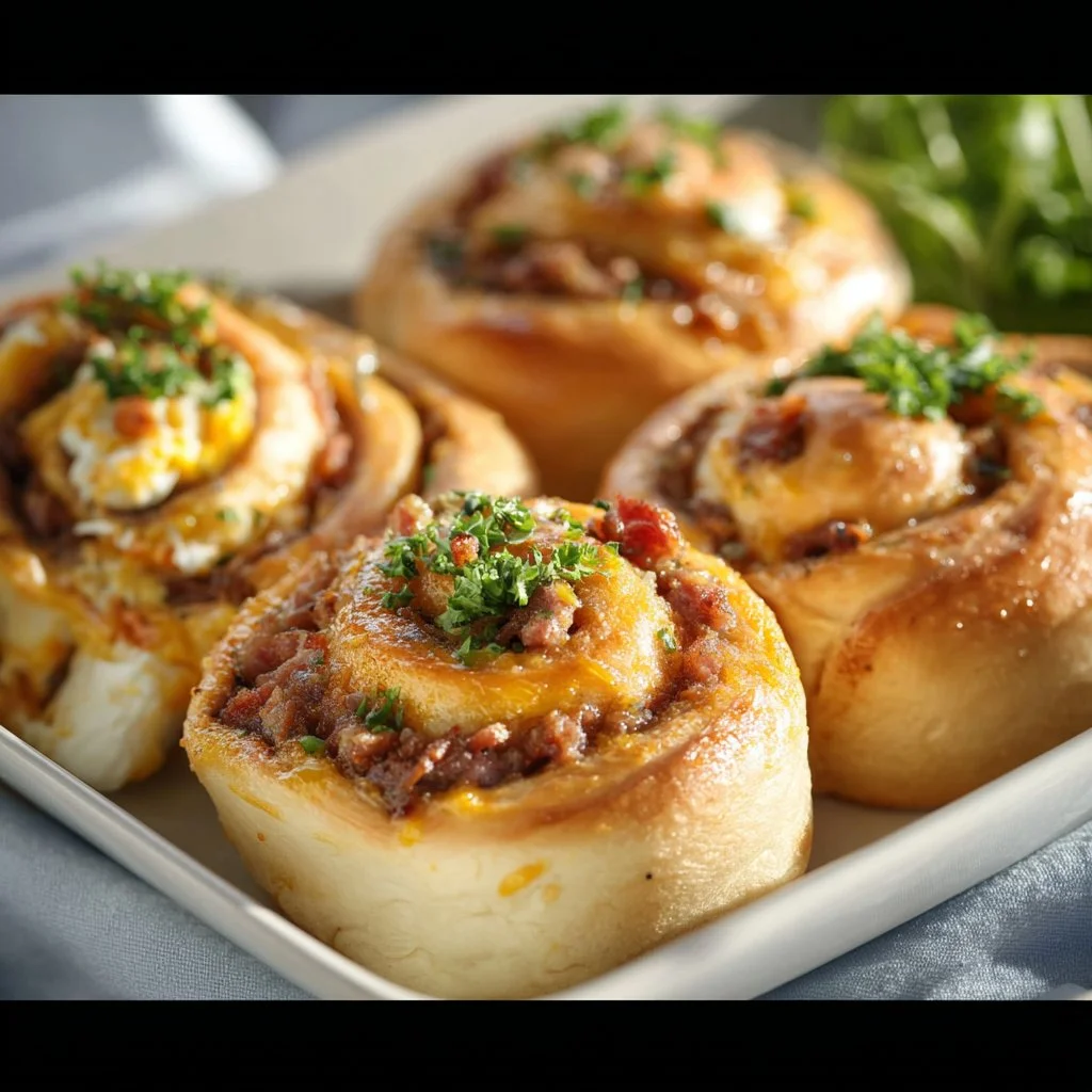 A variety of freshly baked breakfast rolls with different fillings and toppings.