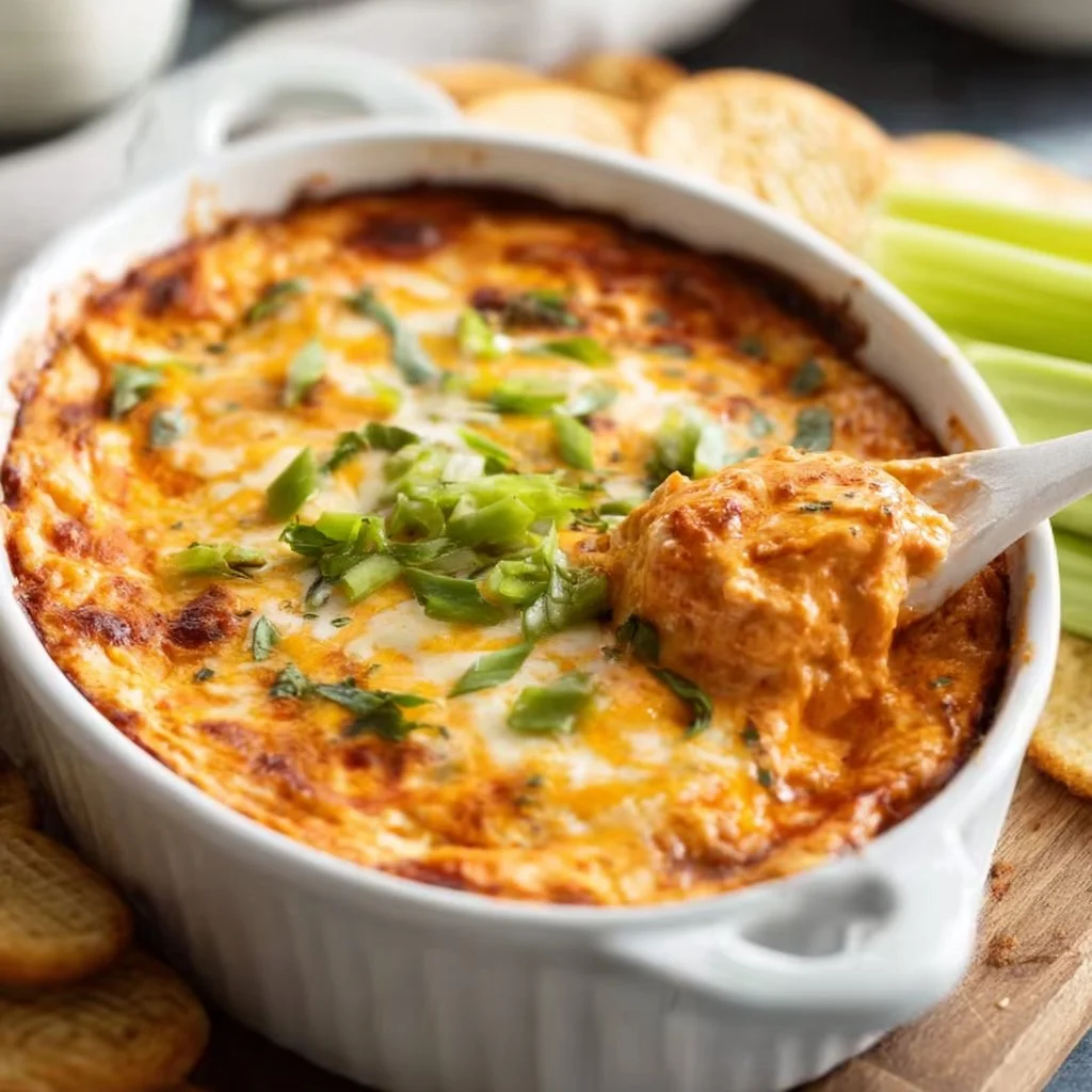 Delicious and spicy Buffalo Chicken Dip served in a bowl with tortilla chips.