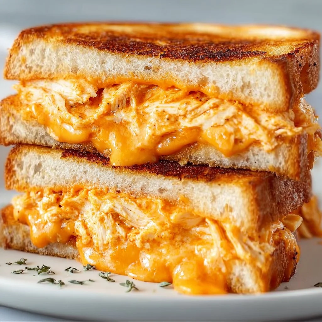 Buffalo Chicken Grilled Cheese sandwich with melted cheese and spicy sauce