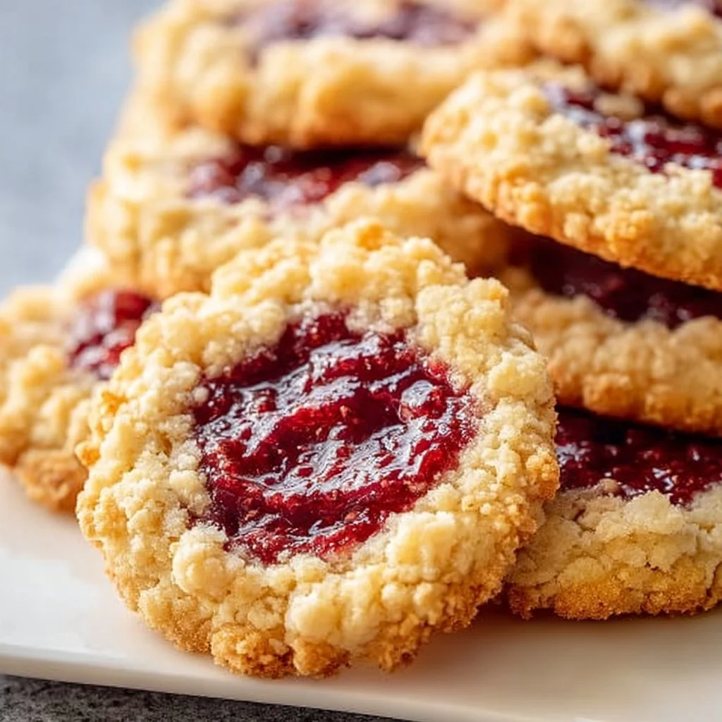 Buttery raspberry crumble cookies with a sweet jam filling on a plate.