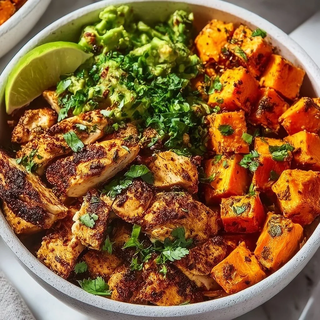 Cajun Chicken and Sweet Potato Bowl served in a colorful dish