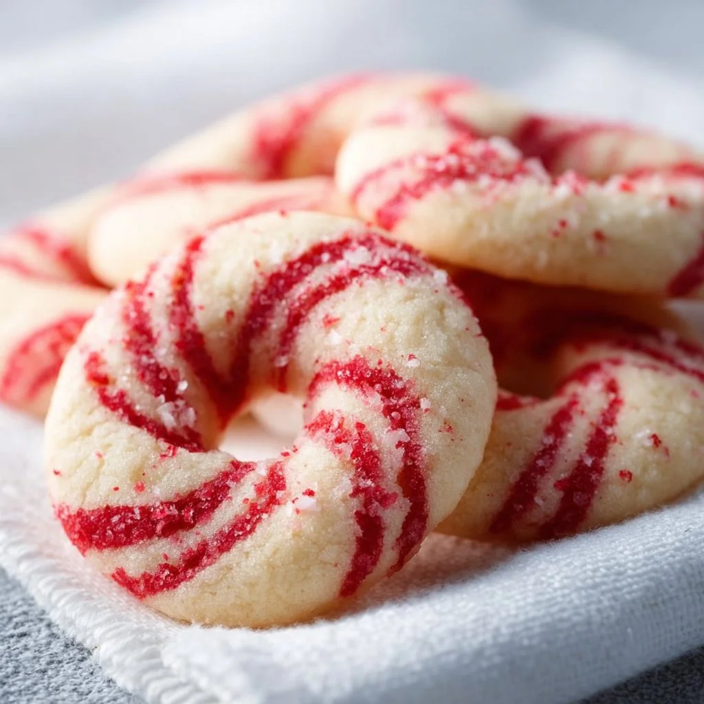 Festively decorated homemade candy cane cookies on a holiday platter
