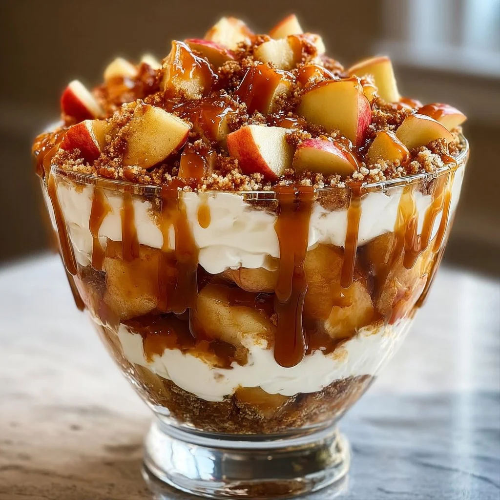 Delicious caramel apple trifle dessert with layers of caramel, apples, and cream