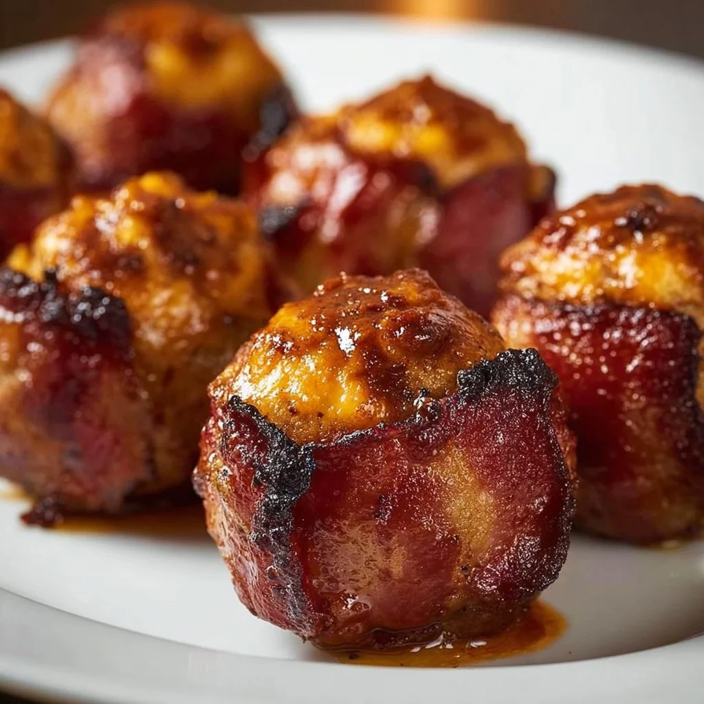 Cheddar-stuffed BBQ bacon bombs on a grill, ready to serve.