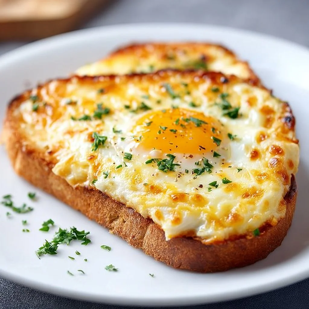 Cheesy Egg Toast topped with melted cheese and a perfectly cooked egg