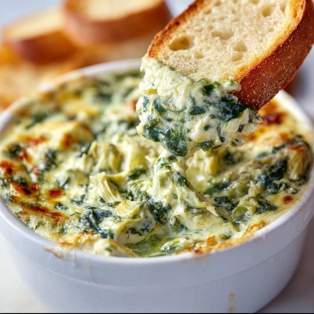Cheesy spinach artichoke dip served in a bowl with chips and veggies