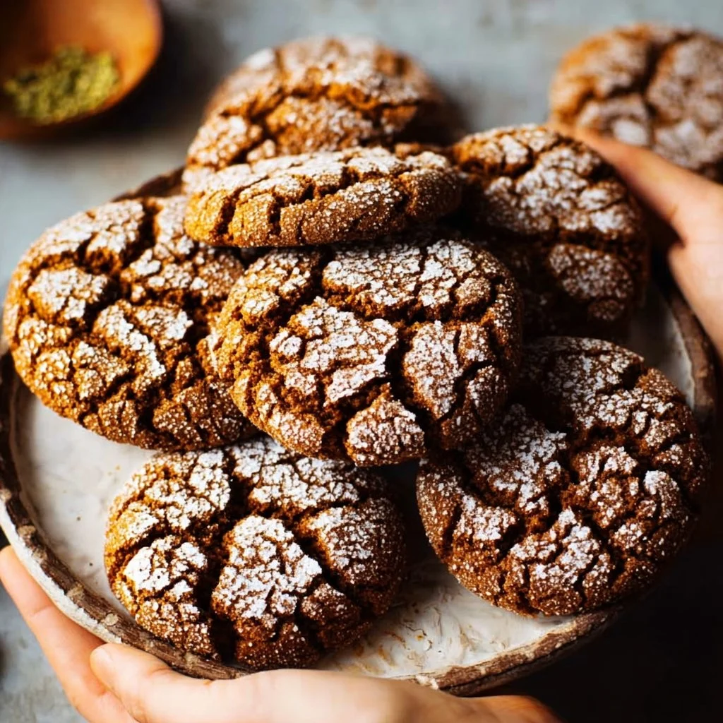 Chewy ginger crinkle cookies on a plate, dusted with powdered sugar.