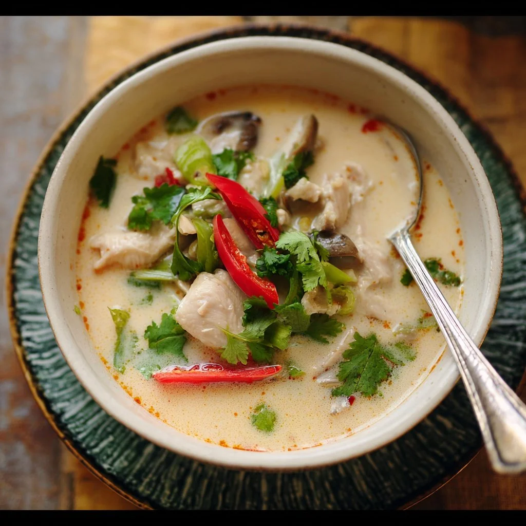 Delicious Chicken Coconut Soup garnished with fresh herbs in a bowl