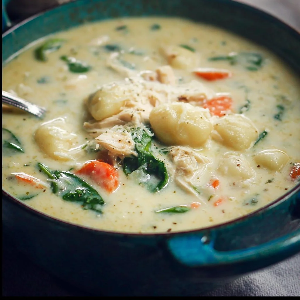 Delicious Chicken Gnocchi Soup with chicken pieces and gnocchi in a creamy broth