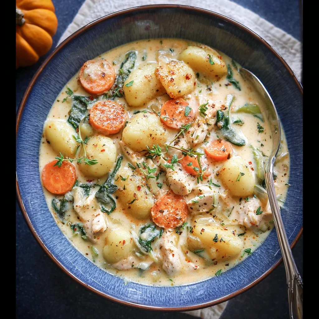 Bowl of creamy Chicken Gnocchi Soup with vegetables and herbs