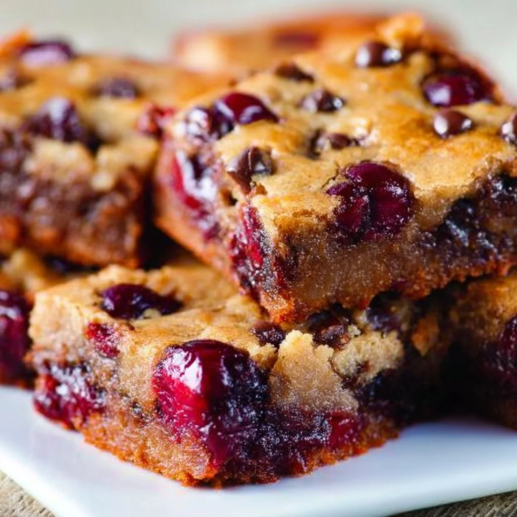 Delicious chocolate chip cherry bars on a plate, freshly baked and ready to serve