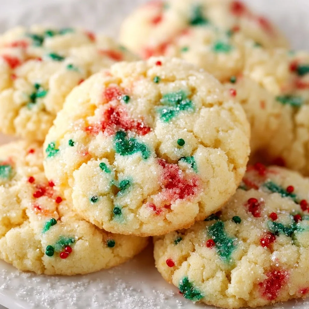 A plate of Christmas Gooey Butter Cookies decorated with powdered sugar.