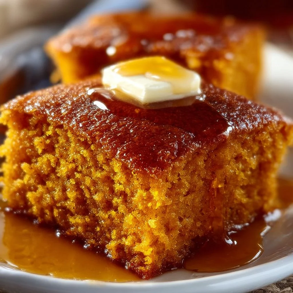 Deliciously moist sweet potato cornbread topped with cinnamon honey butter