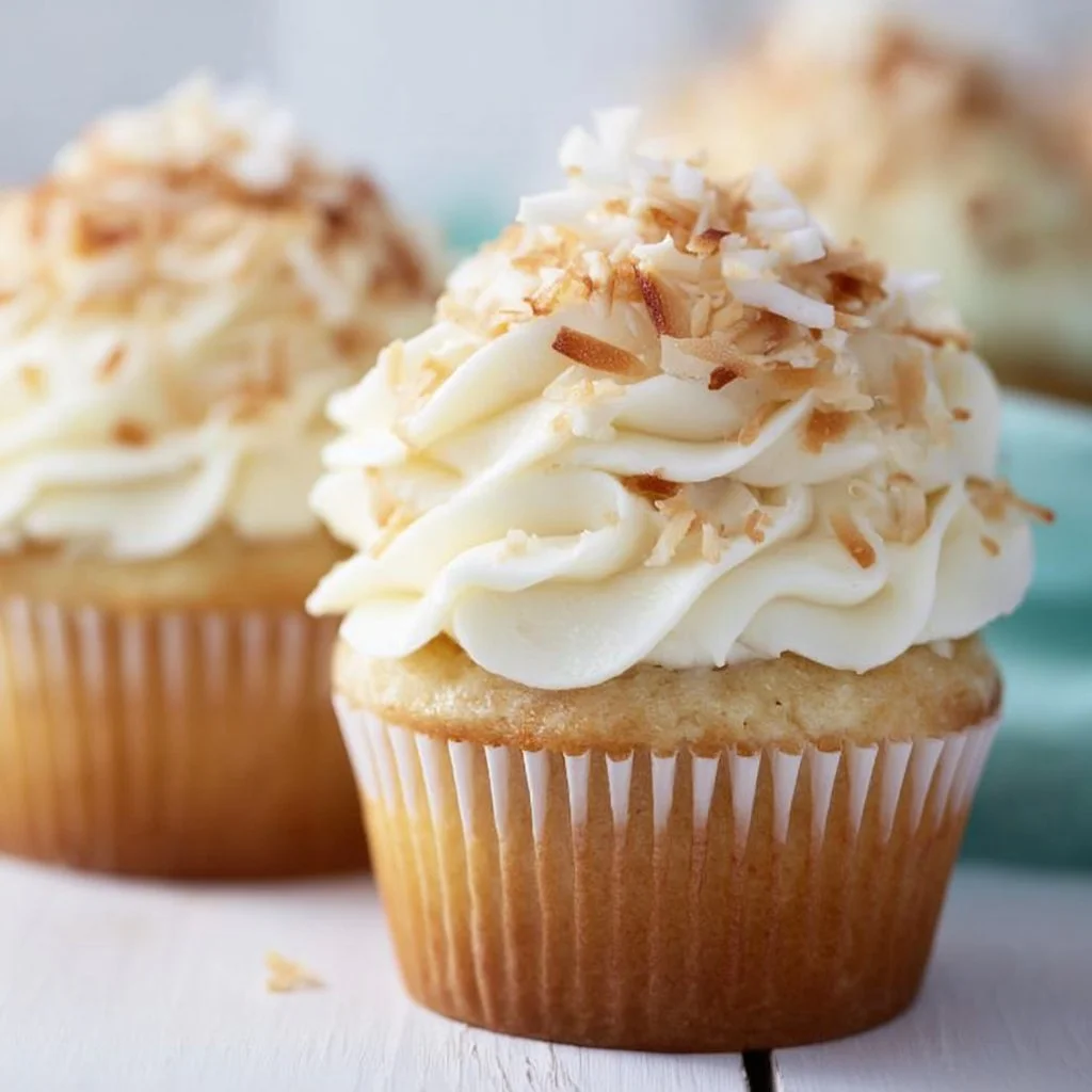Delicious Coconut Cream Pie Cupcakes topped with whipped cream and toasted coconut