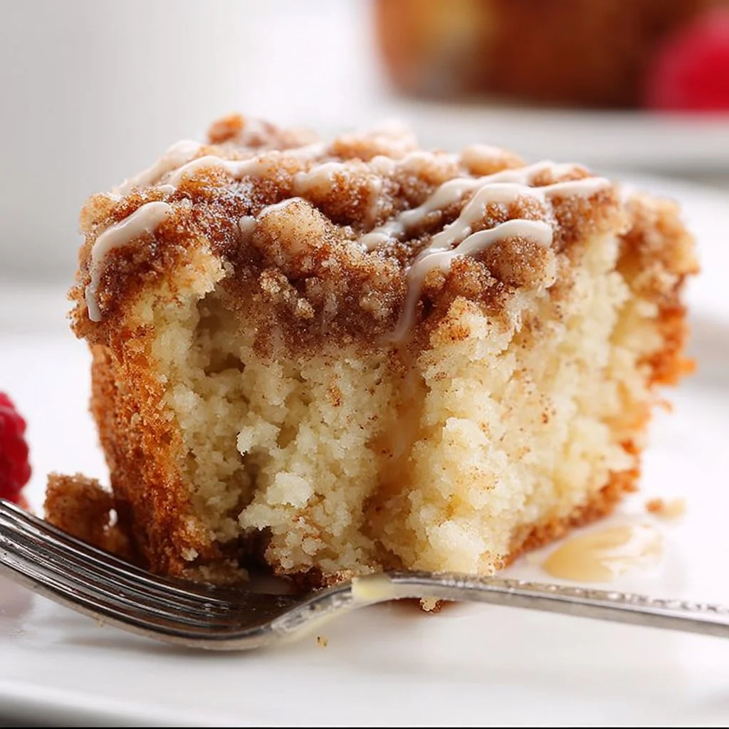 Delicious slice of coffee cake with a crumb topping on a plate