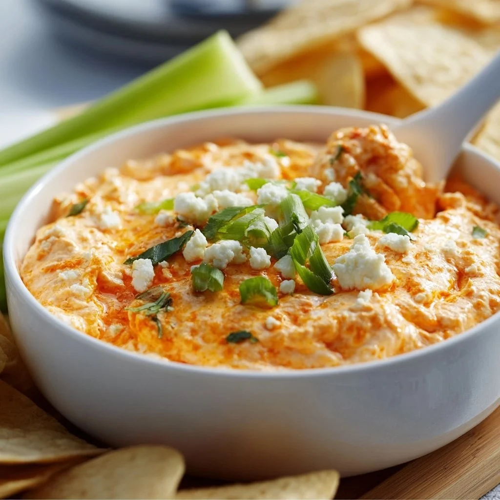 Cottage Cheese Buffalo Chicken Dip served in a bowl, garnished with green onions.