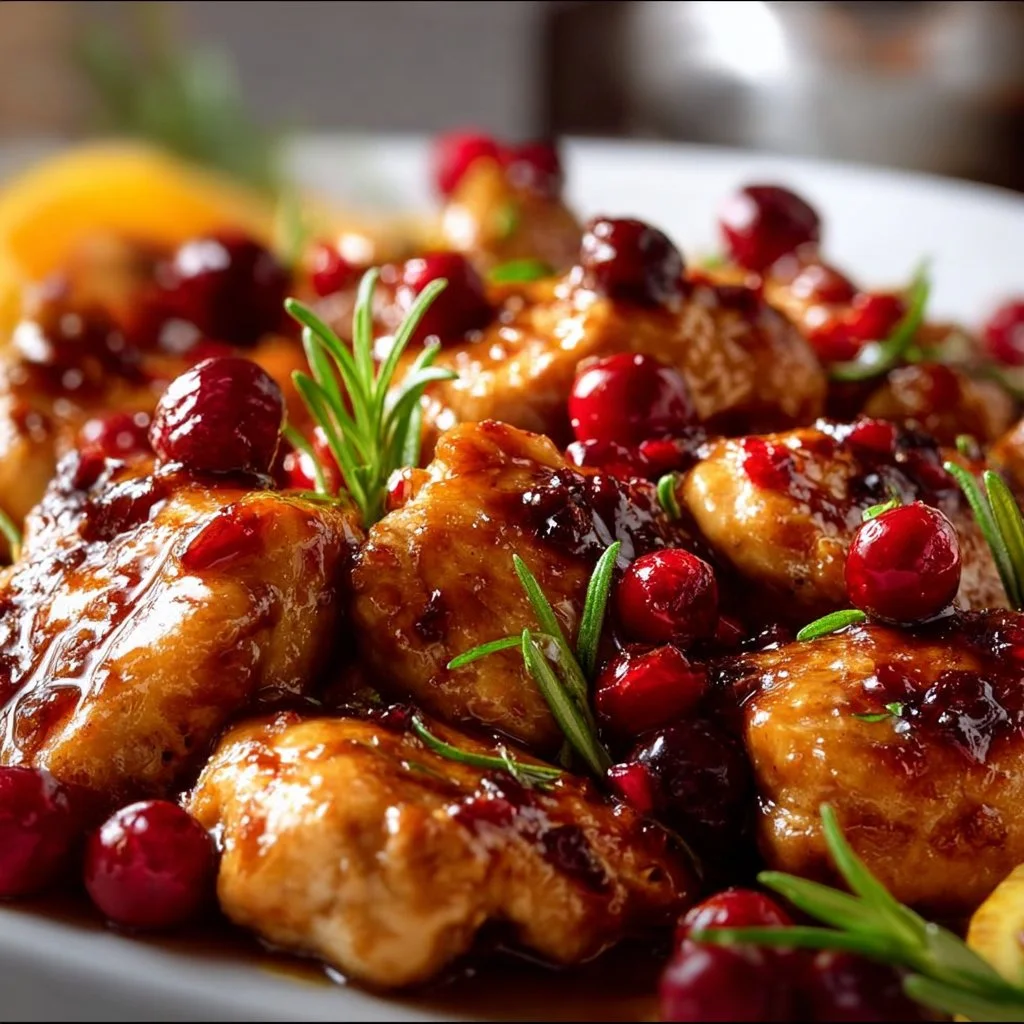 Cranberry Orange Chicken dish garnished with fresh herbs and cranberries