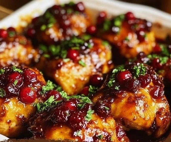 Cranberry orange glazed chicken served on a plate with garnishes.