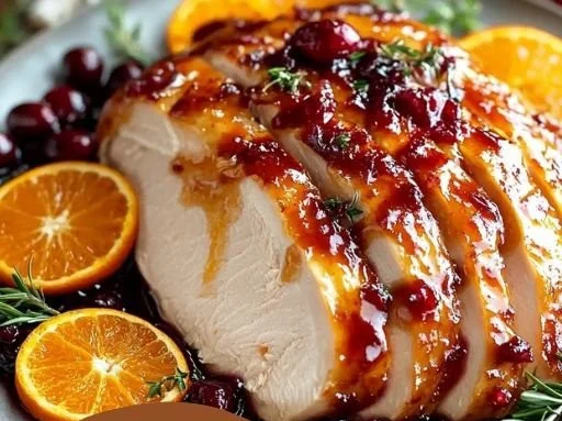 Cranberry Orange Glazed Turkey Breast served with side dishes