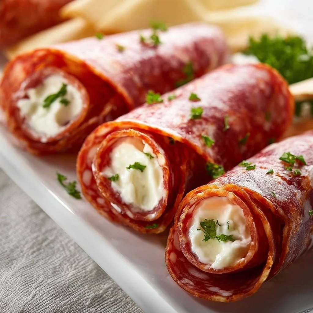 Cream cheese salami roll ups appetizer served on a platter with garnishes.