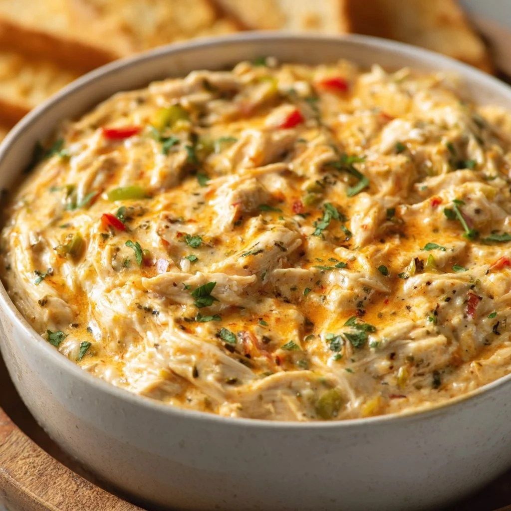 Creamy banana pepper chicken dip served in a bowl