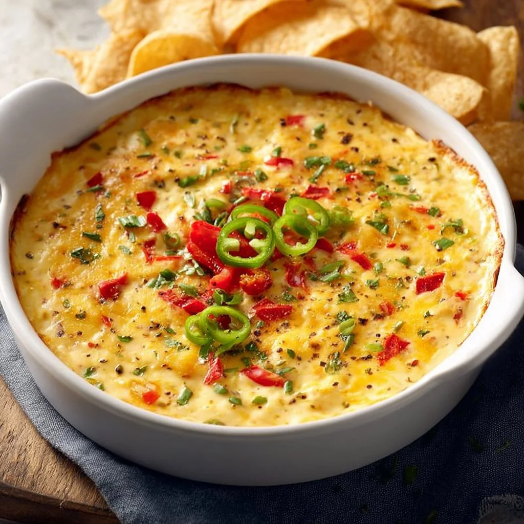 Creamy banana pepper queso dip served in a bowl with tortilla chips