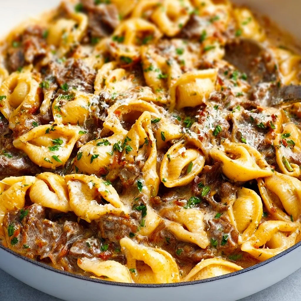 Creamy beef and shells dish served in a bowl with herbs on top.