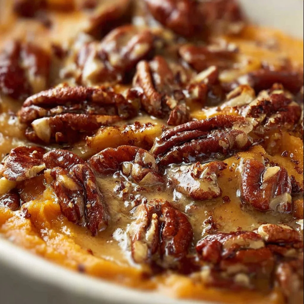 Creamy candied pecan sweet potato casserole topped with toasted pecans