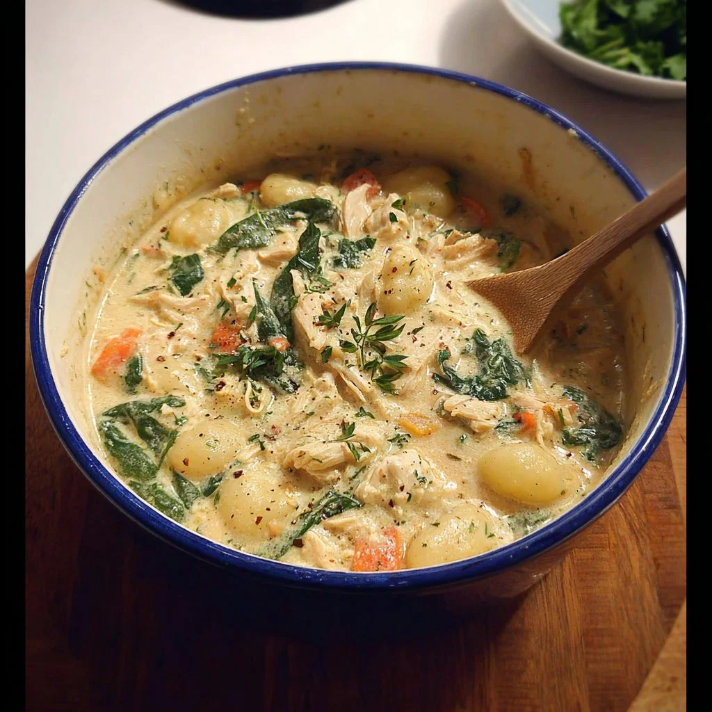 Bowl of creamy chicken gnocchi soup filled with tender chicken and soft gnocchi