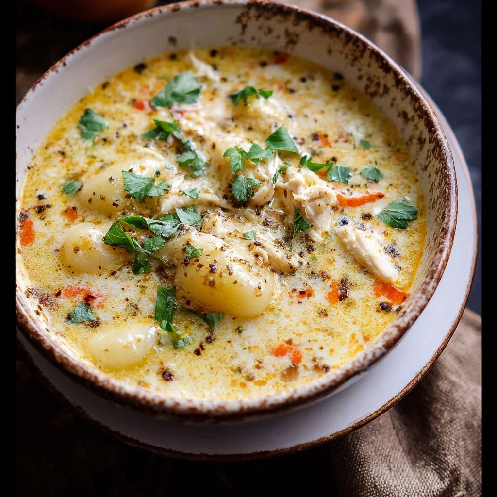 Bowl of creamy gnocchi chicken soup garnished with herbs