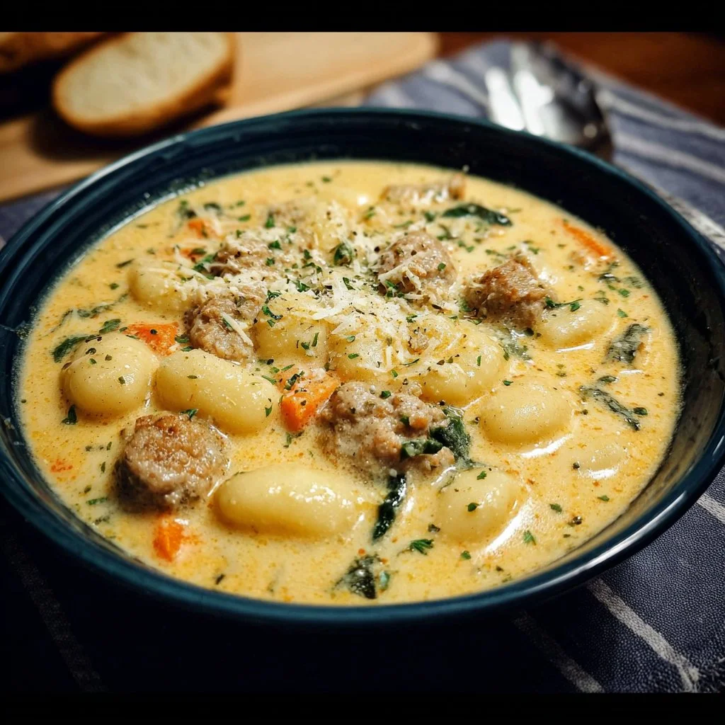 Bowl of creamy Italian sausage gnocchi soup topped with herbs and cheese