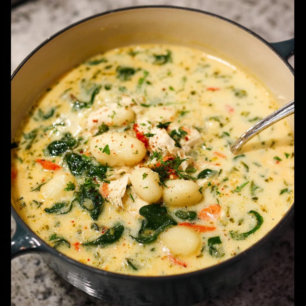 Bowl of creamy lightened-up chicken gnocchi soup with herbs and vegetables