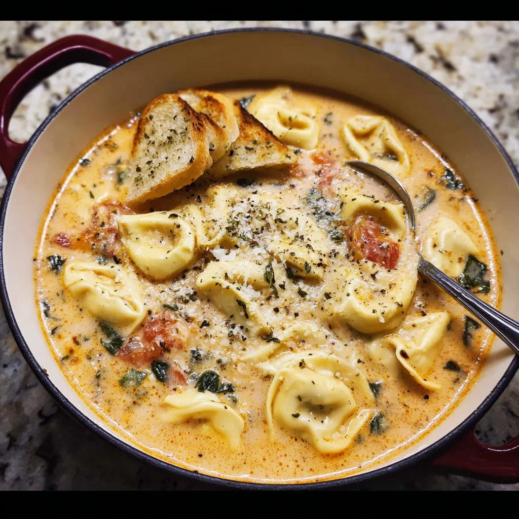 Bowl of creamy Tuscan garlic tortellini soup garnished with herbs.