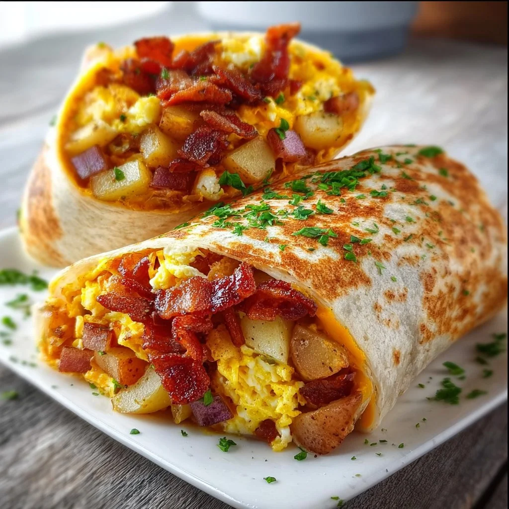 Crispy bacon egg and cheese burrito filled with potatoes and savory flavors