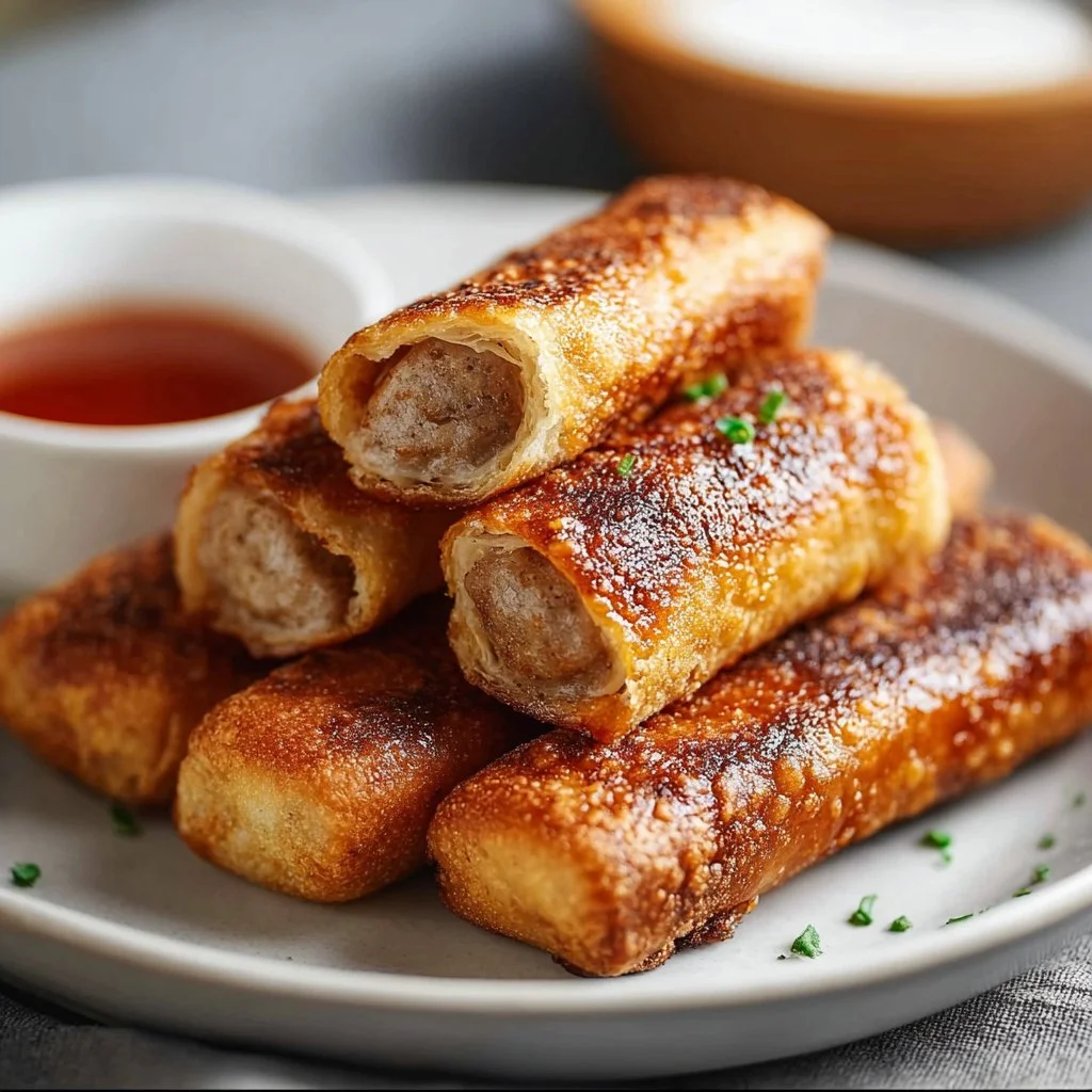 Crispy fried sausage roll-ups served on a plate, perfect for breakfast.