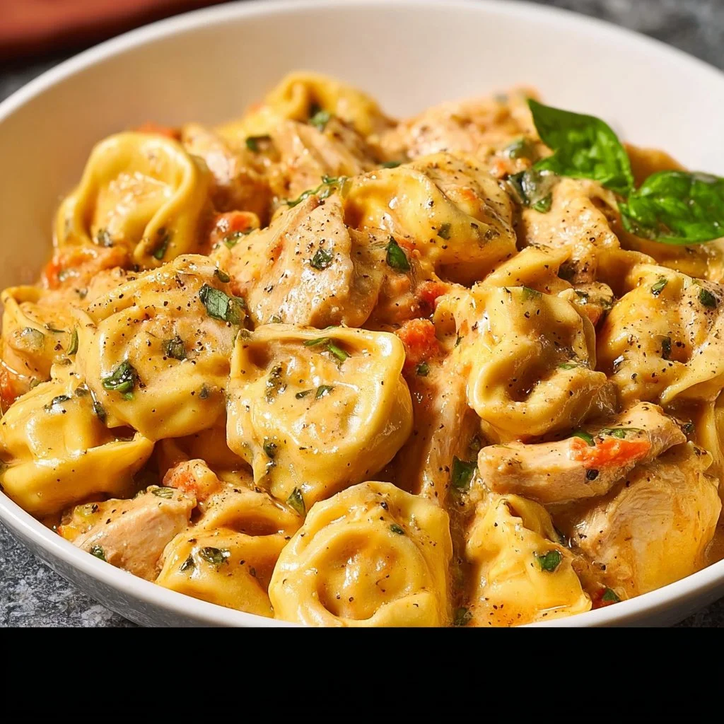 Delicious CrockPot Chicken Tortellini served in a bowl with herbs and spices.