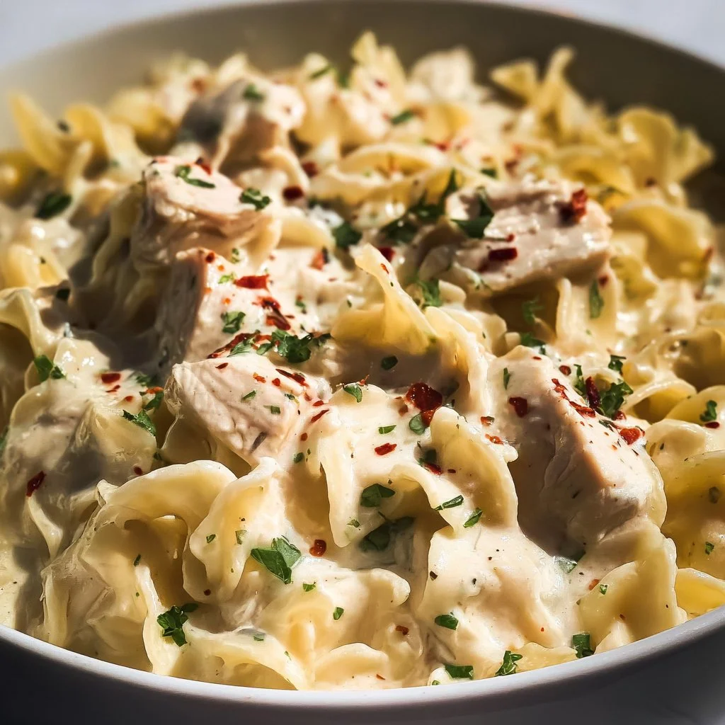 Crockpot creamy chicken noodles in a bowl garnished with parsley