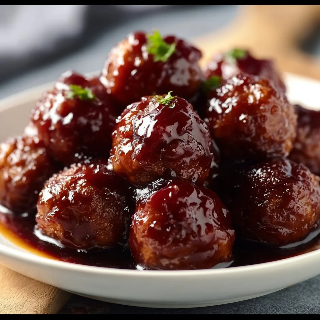 Delicious crockpot grape jelly meatballs served on a platter