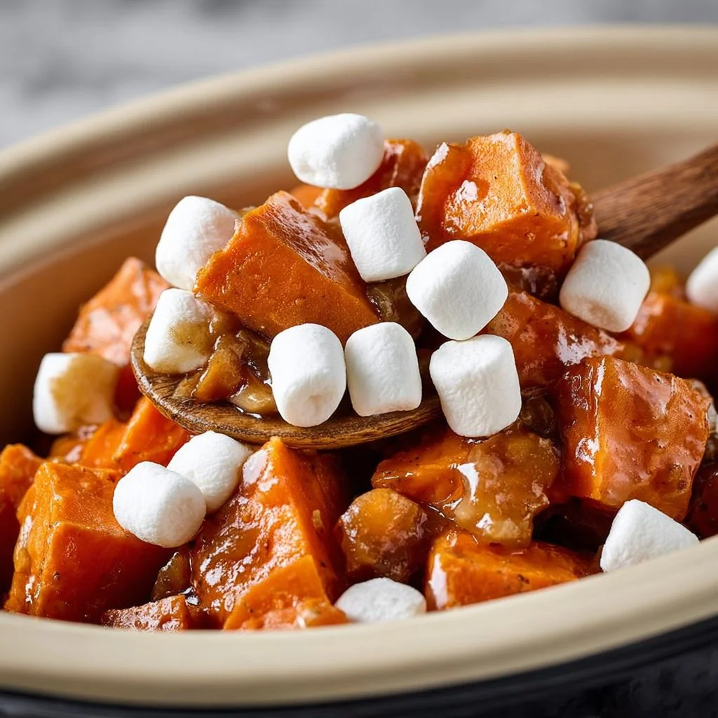 Crockpot sweet potatoes with mini marshmallows served in a bowl