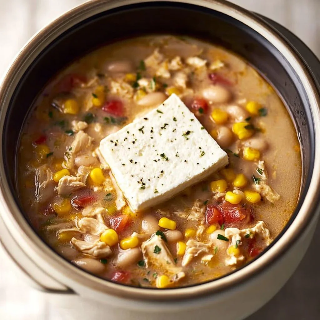 Bowl of creamy Crockpot White Chicken Chili with toppings