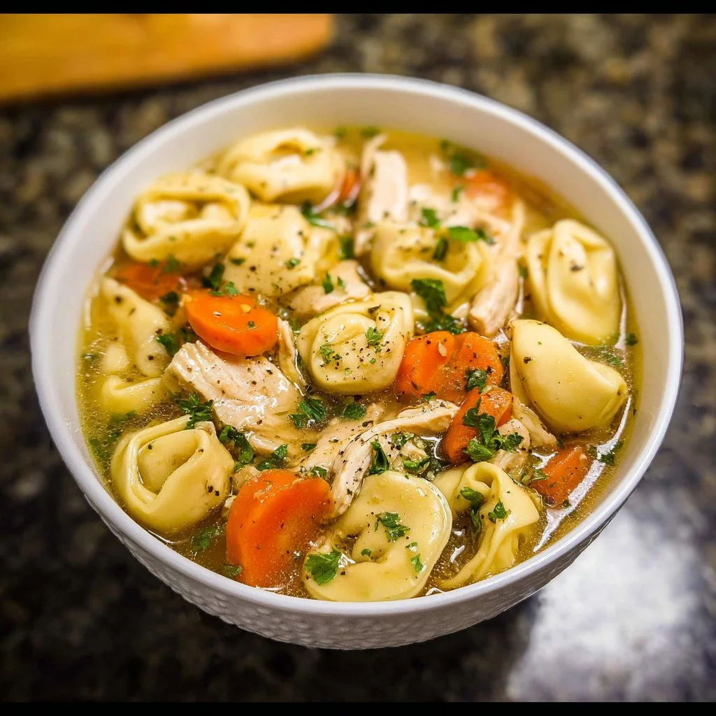 A bowl of easy homemade tortellini chicken noodle soup garnished with herbs
