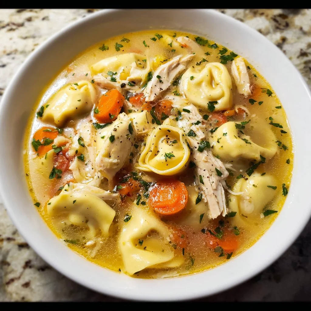 Bowl of easy chicken tortellini soup with vegetables and herbs