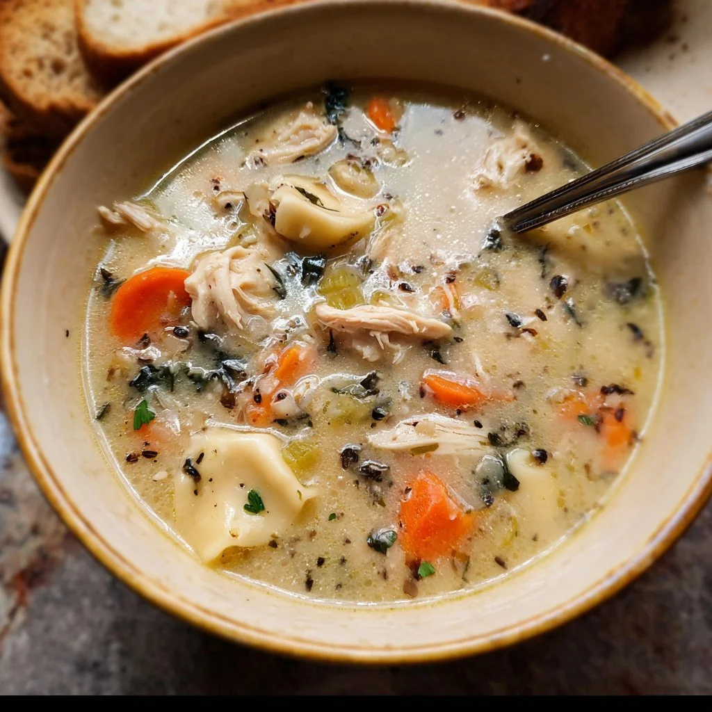 Bowl of easy chicken tortellini soup garnished with fresh herbs