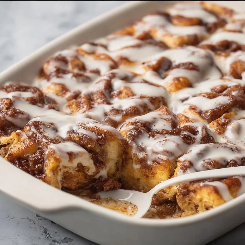 Easy cinnamon roll casserole served in a baking dish, topped with icing.