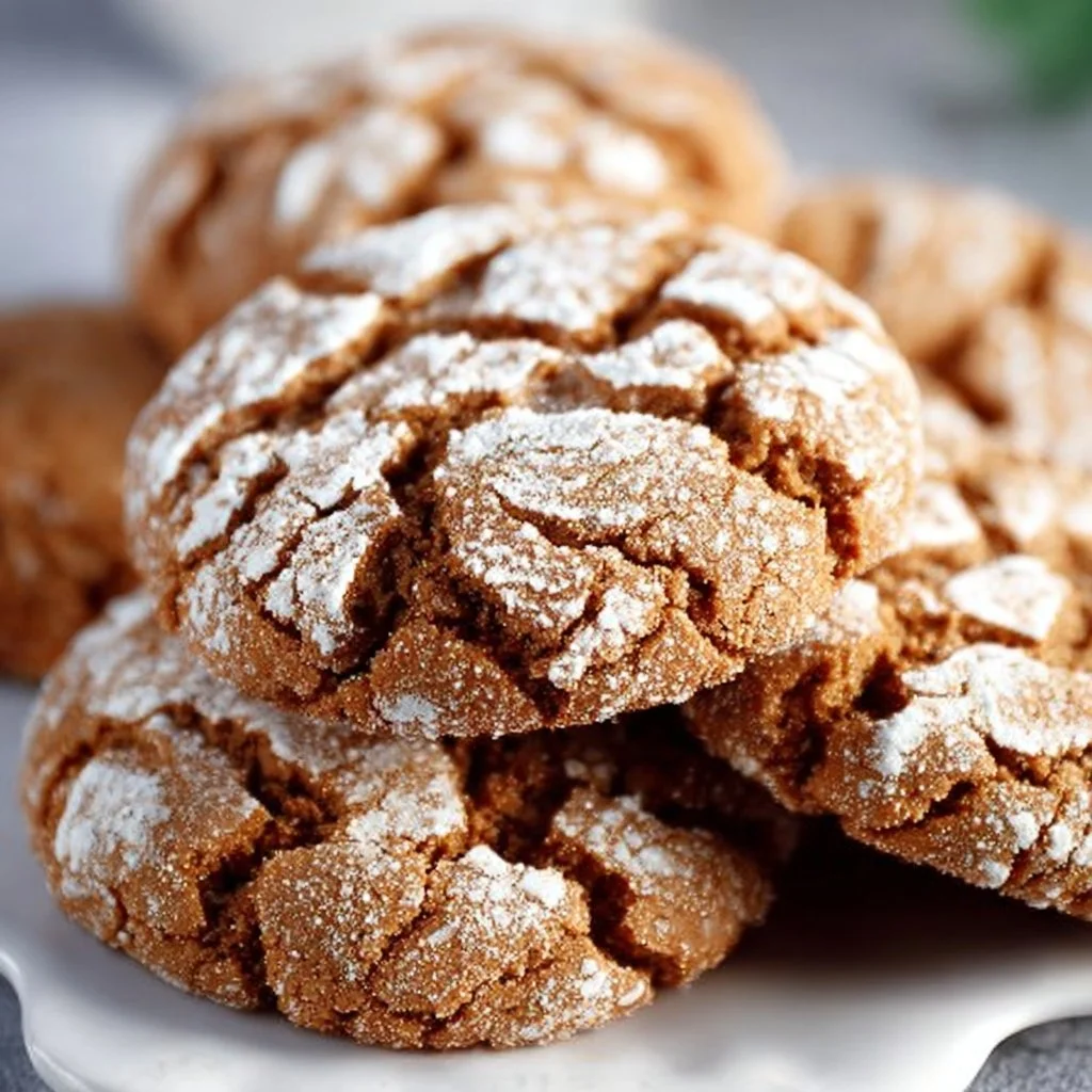 Freshly baked gingerbread crinkle cookies dusted with powdered sugar