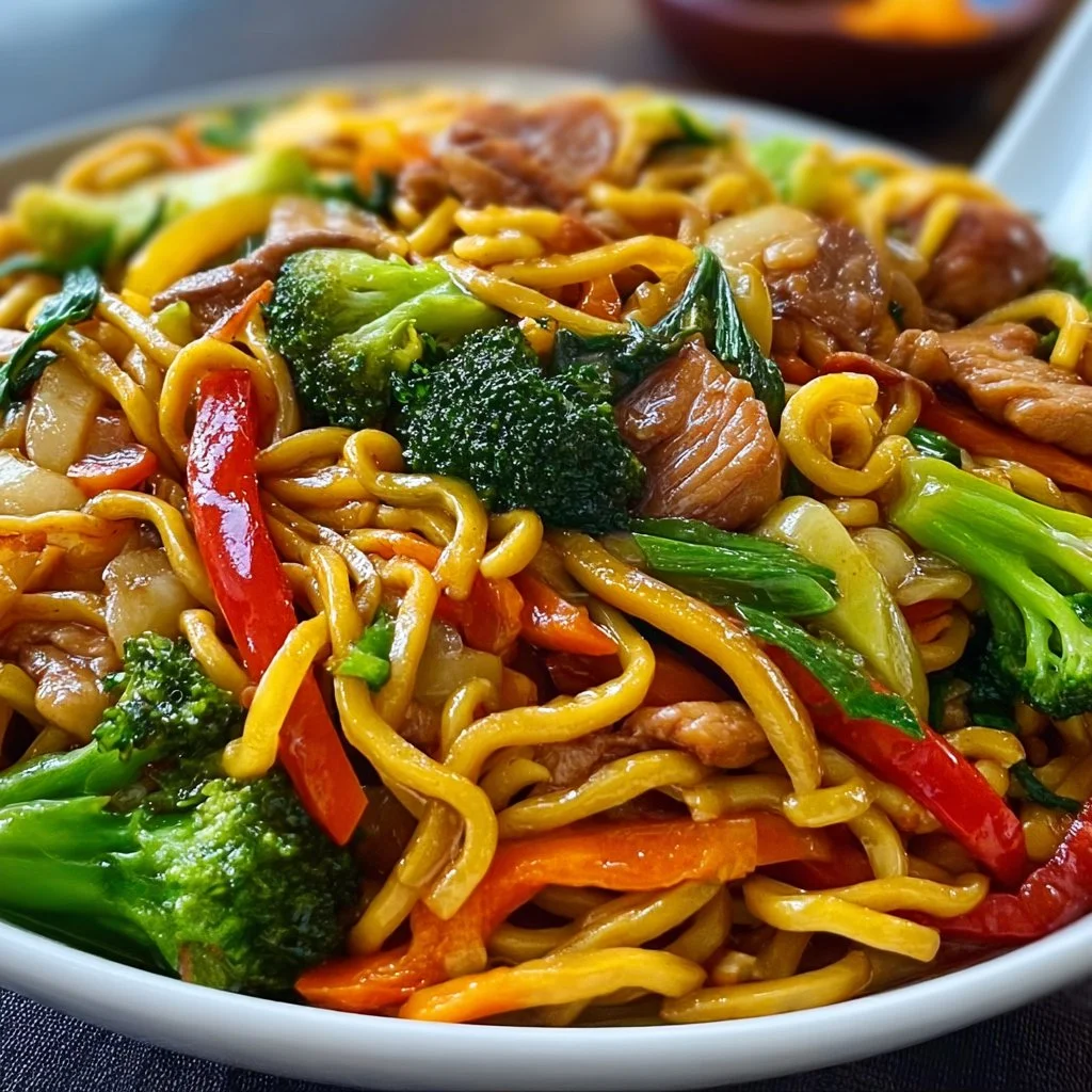 Bowl of easy Lo Mein with colorful vegetables and noodles