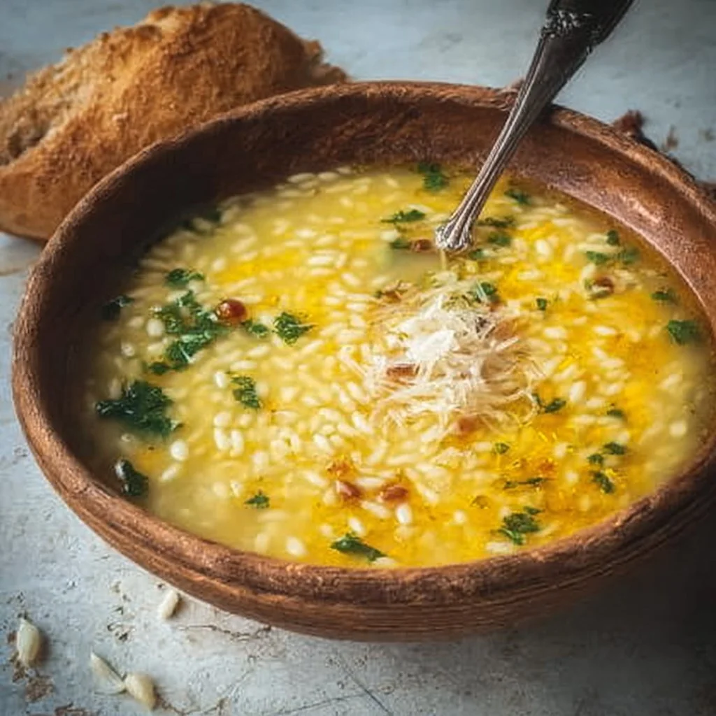 A bowl of easy pastina soup garnished with parsley and a spoon